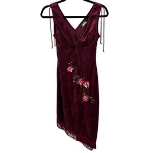 Rampage Womens Velvet Floral Embroidered Asymmetric Midi Dress Burgundy Fringe S